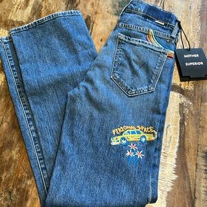 MOTHER Blue Straight Jeans with Vintage Distressing